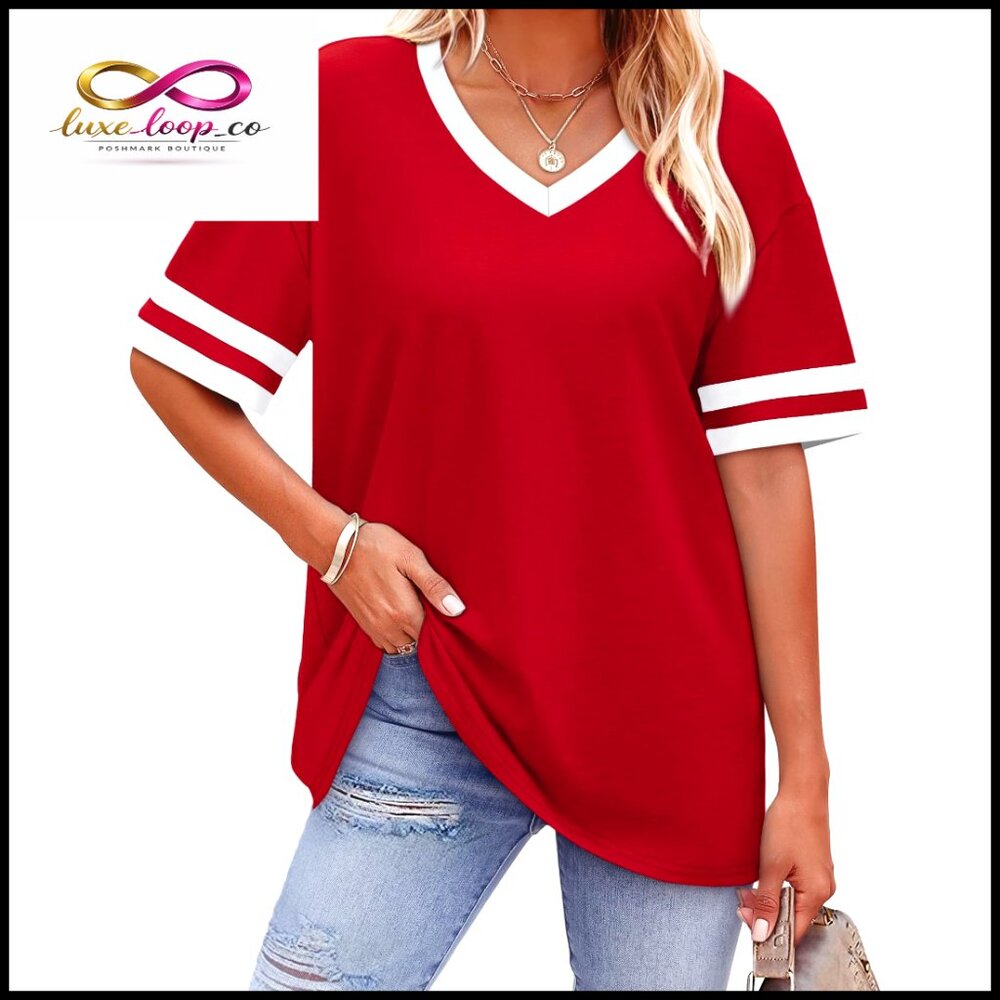 Loose Fit V-Neck T-Shirt Soft Stretch Summer‎ Top Striped Sleeve Casual Chic